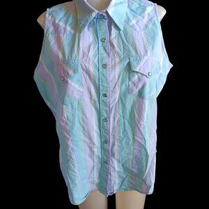 Women's Cowgirl Shirt XL Rockies Ranch Wife Pastel Striped Sleeveless Western